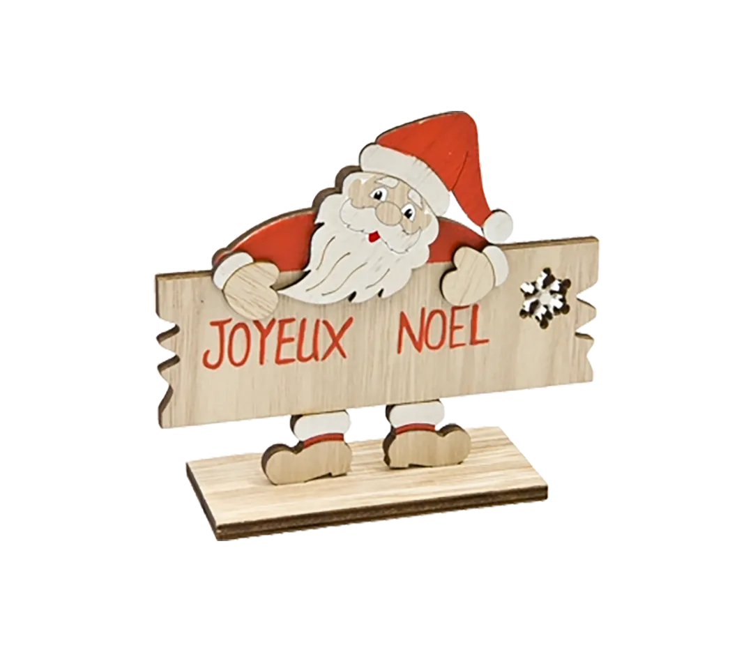 Père noël en bois sur pancarte